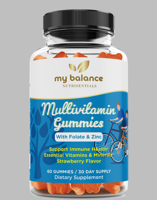 A bottle of 'my balance Nutrisentials Multivitamin Gummies' with the label showing the product name and mentions of supporting immune health, essential vitamins & minerals, and strawberry flavor. The bottle is depicted with 60 gummies inside and is labeled as a 30 day supply.